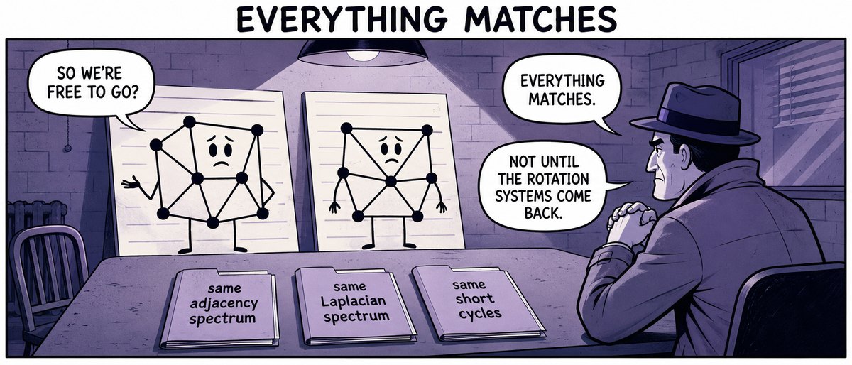 Comic 'Everything Matches': two graphs in an interrogation room with folders 'same adjacency spectrum / Laplacian spectrum / short cycles.' Detective: 'Everything matches. Not until the rotation systems come back.'