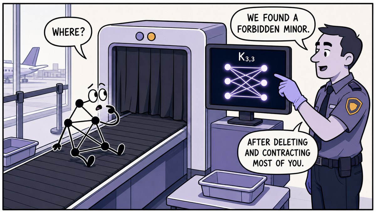 Comic 'Forbidden Minor': airport security scans a graph, K3,3 on the monitor: 'We found a forbidden minor, after deleting and contracting most of you.'