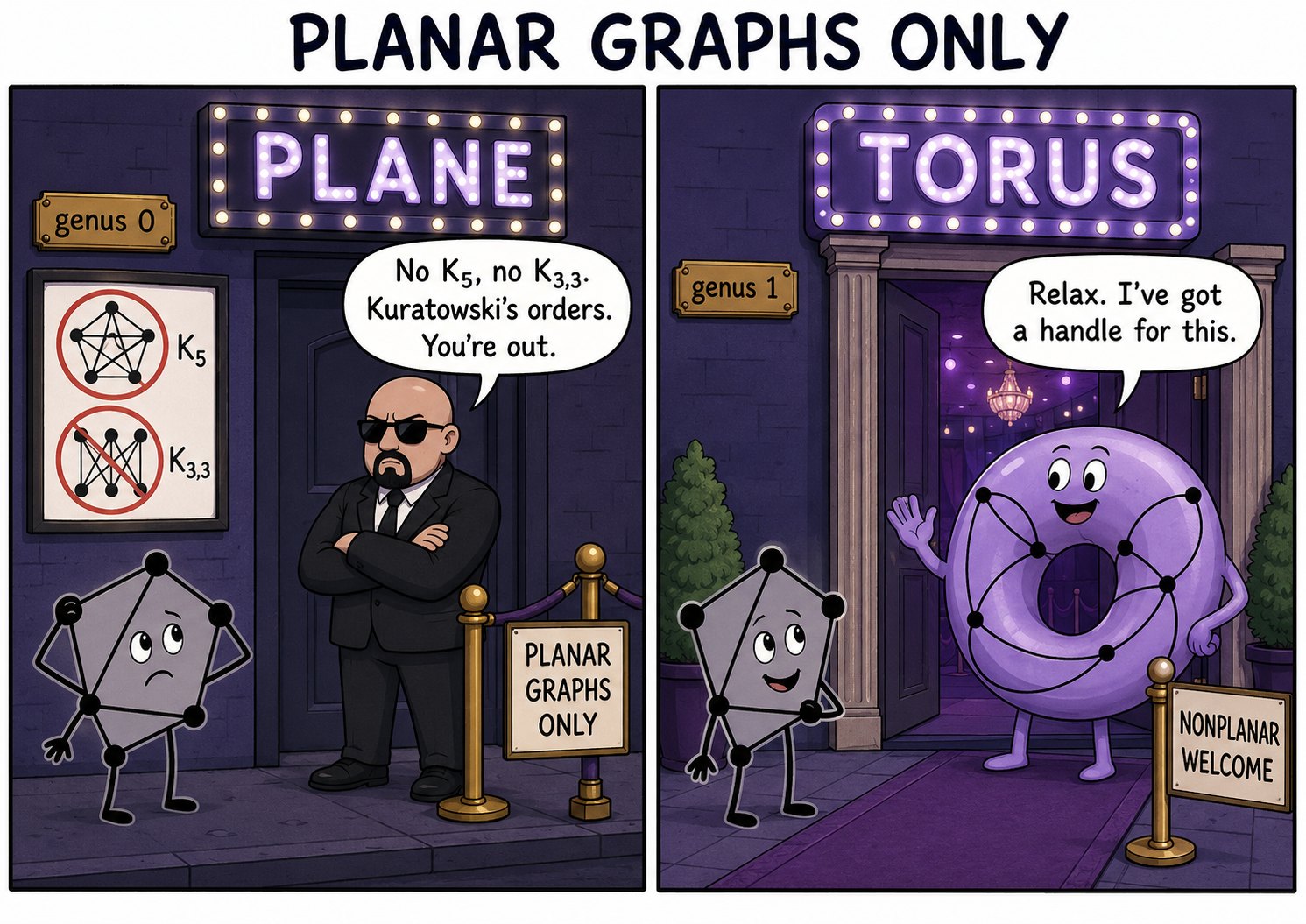 Two-panel comic 'Planar Graphs Only': a bouncer at 'Plane' (genus 0) turns away K5 and K3,3; the 'Torus' (genus 1) welcomes them, saying 'Relax, I've got a handle for this.'