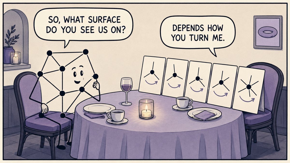 Comic 'Depends How You Turn Me': a graph on a date asks 'So, what surface do you see us on?' The rotation system answers 'Depends how you turn me.'